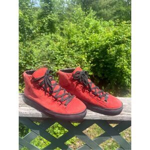 BALENCIAGA Arena Pavot Red Suede Black Trim High Top Lace Up Sneakers Sz 39 (6)